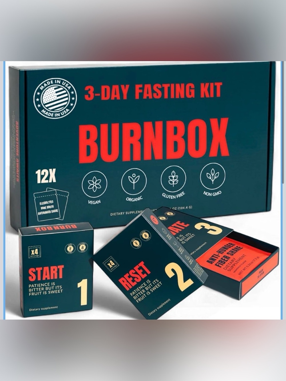 BURNBOX 3 Day Fasting Kit - Fiber, Electrolytes & Bone Broth, 12 Packs